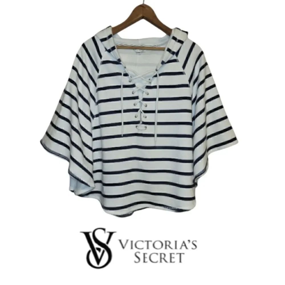 Victoria's Secret Oversized Navy and White Stripe Hooded Sweatshirt Poncho Small